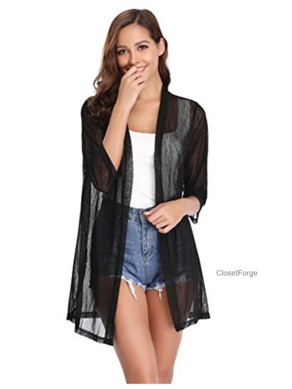 Women's Sheer Mesh Cardigan 3/4 Sleeve Open Front Knit Kimono Lightweight